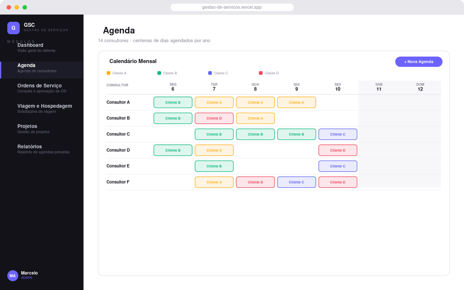 Calendário mensal da agenda de consultores no GSC