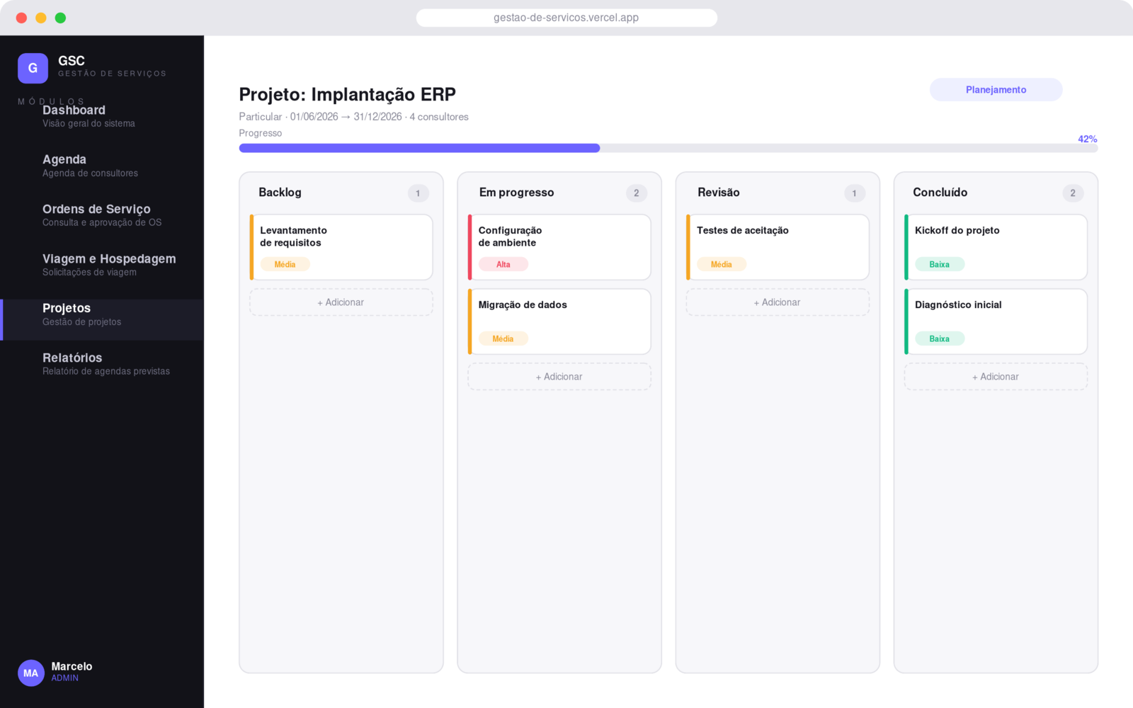 Gestão de projetos em quadro kanban no GSC
